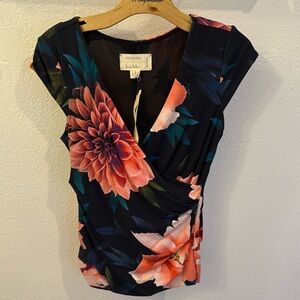 🆕Nicole Miller Black Floral Ruched Logan Blouse Top Size Small